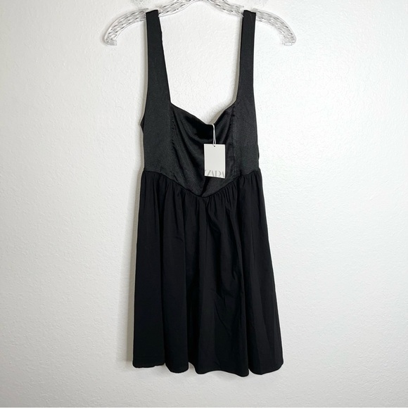 Zara Dress Women Small Black Satin Top Fit & Flared Mini Sleeveless Square B26 - Picture 8 of 11